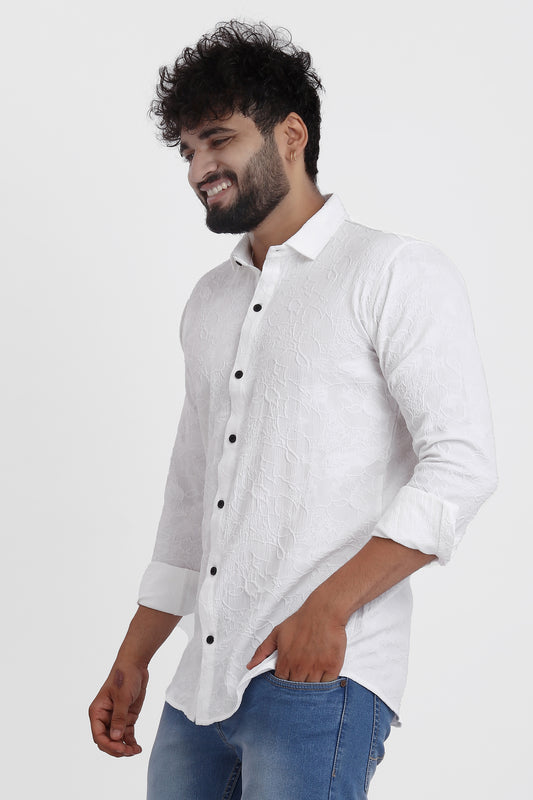 Abstract Jacquard White Shirt for Men | Modern Smart-Casual Button-Down Stretch Lycra Top