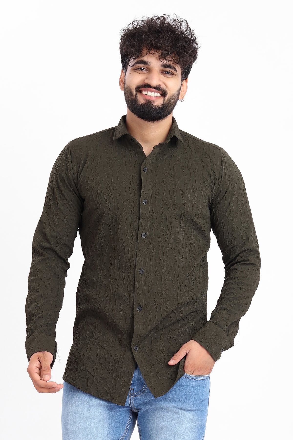 Limb Jacquard D-Green Shirt for Men | Modern Smart-Casual Button-Down Stretch Lycra Top