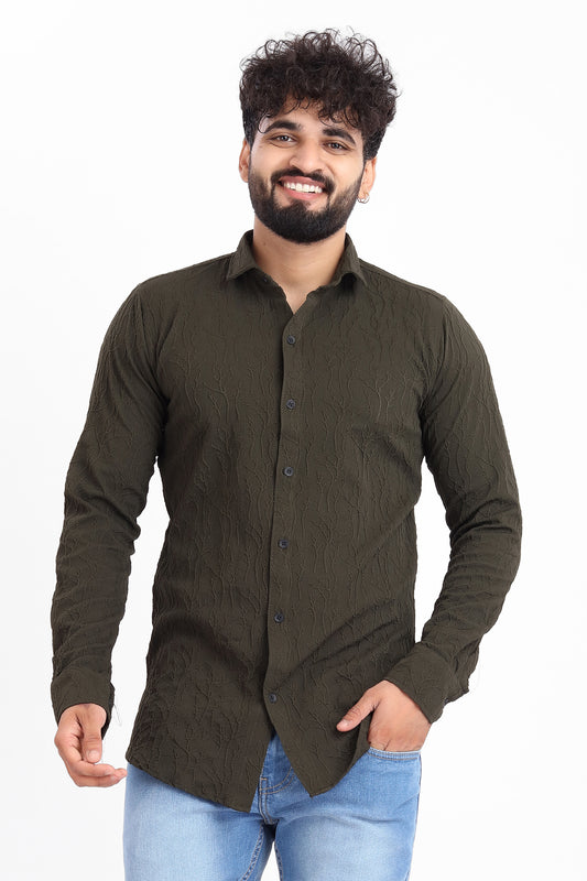 Limb Jacquard D-Green Shirt for Men | Modern Smart-Casual Button-Down Stretch Lycra Top