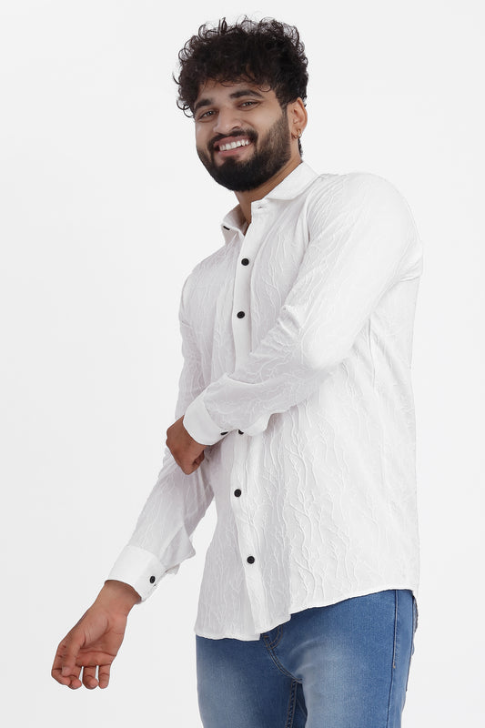 Limb Jacquard White Shirt for Men | Modern Smart-Casual Button-Down Stretch Lycra Top