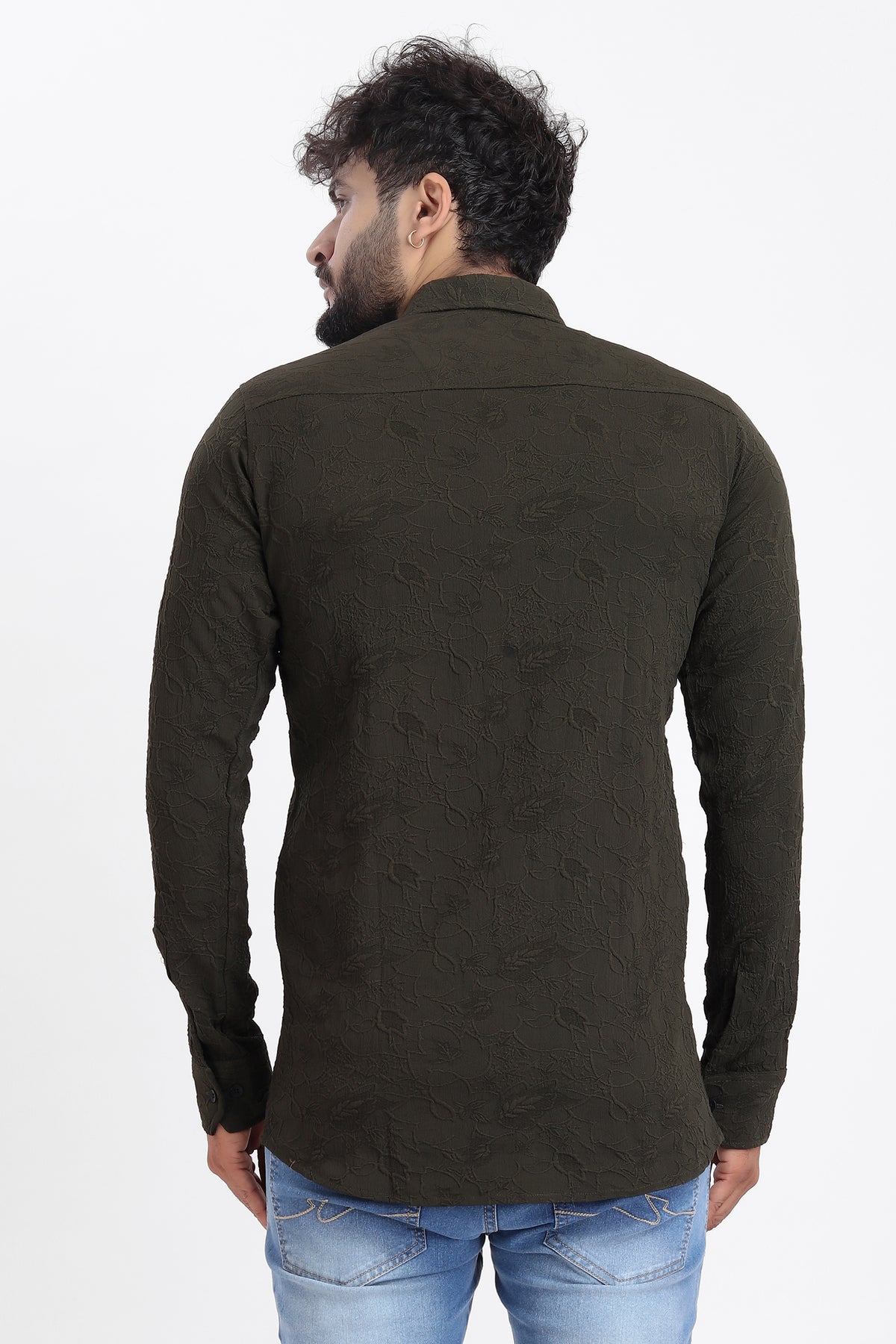 Abstract Jacquard D-Green Shirt for Men | Modern Smart-Casual Button-Down Stretch Lycra Top