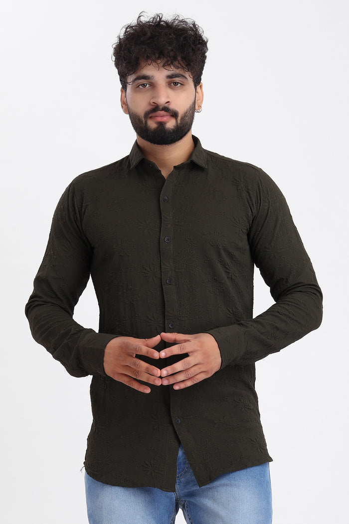 Flowly Jacquard D-Green Shirt for Men | Modern Smart-Casual Button-Down Stretch Lycra Top