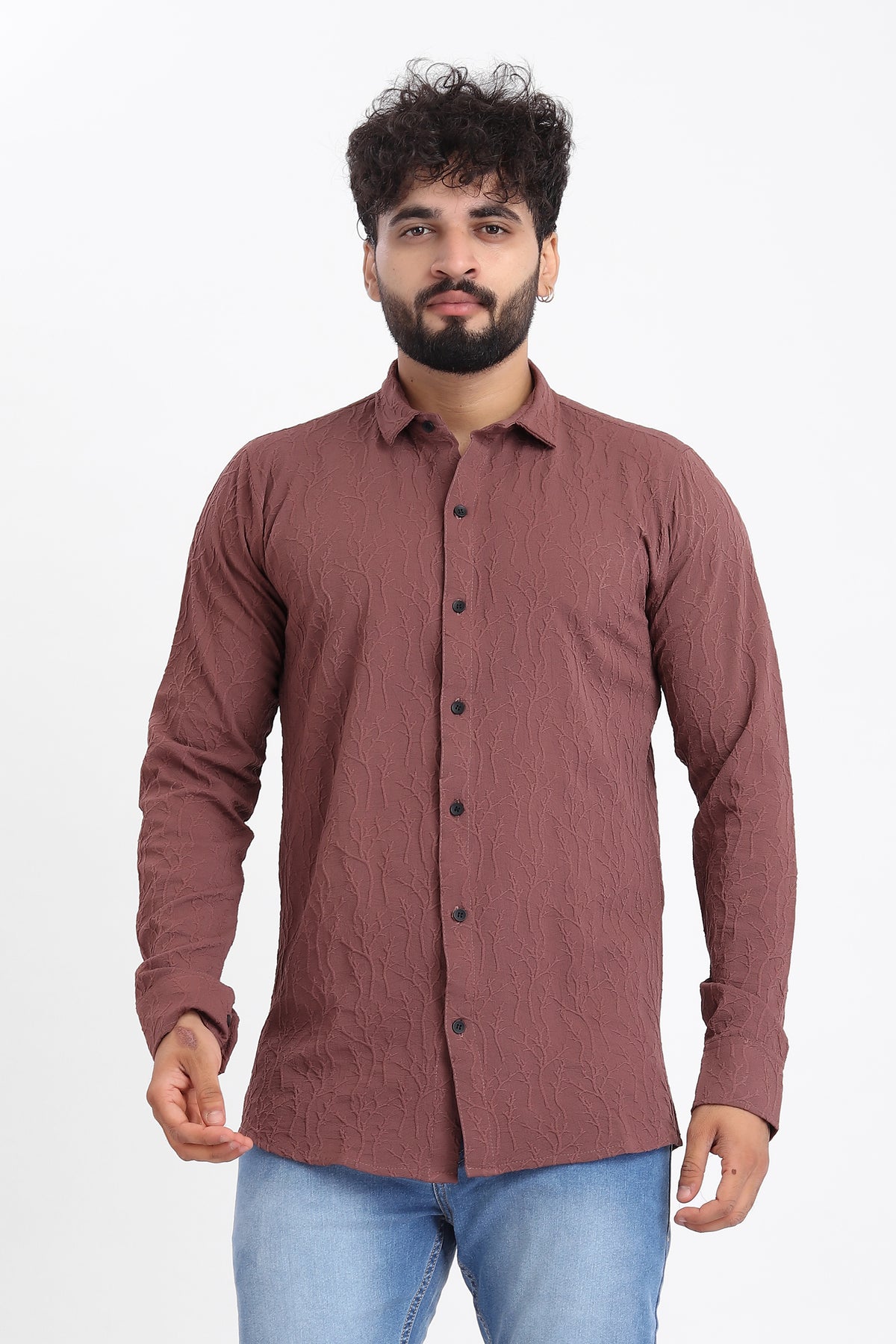 Limb Jacquard Burgundy Shirt for Men | Modern Smart-Casual Button-Down Stretch Lycra Top