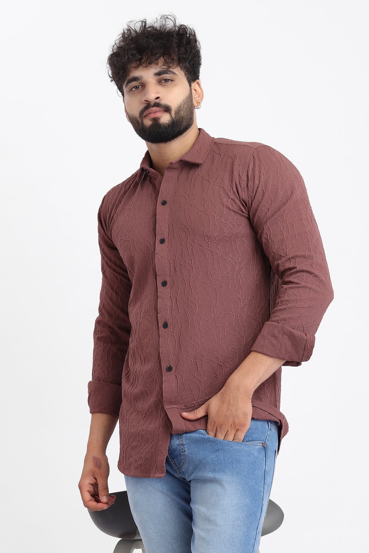Limb Jacquard Burgundy Shirt for Men | Modern Smart-Casual Button-Down Stretch Lycra Top