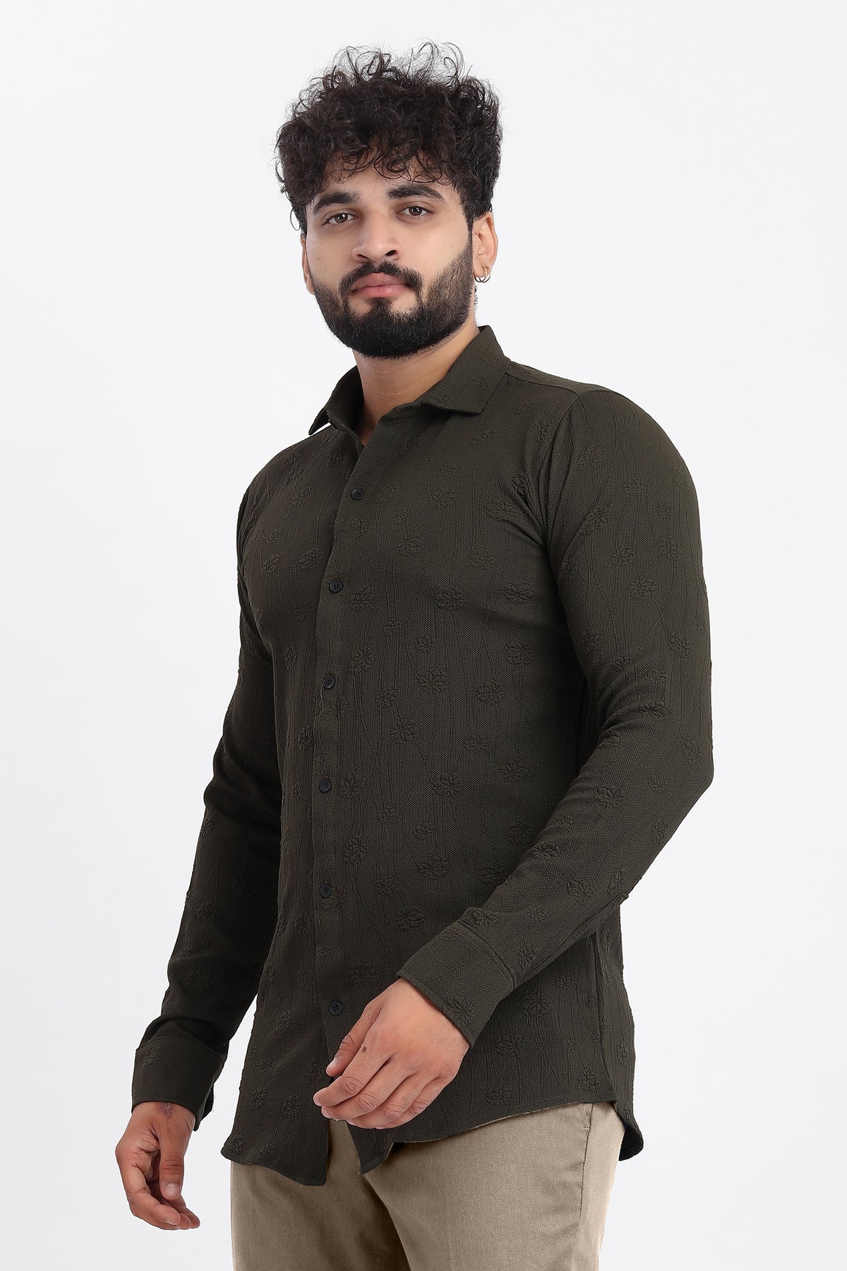 Lupine Jacquard D-Green Shirt for Men | Modern Smart-Casual Button-Down Stretch Lycra Top