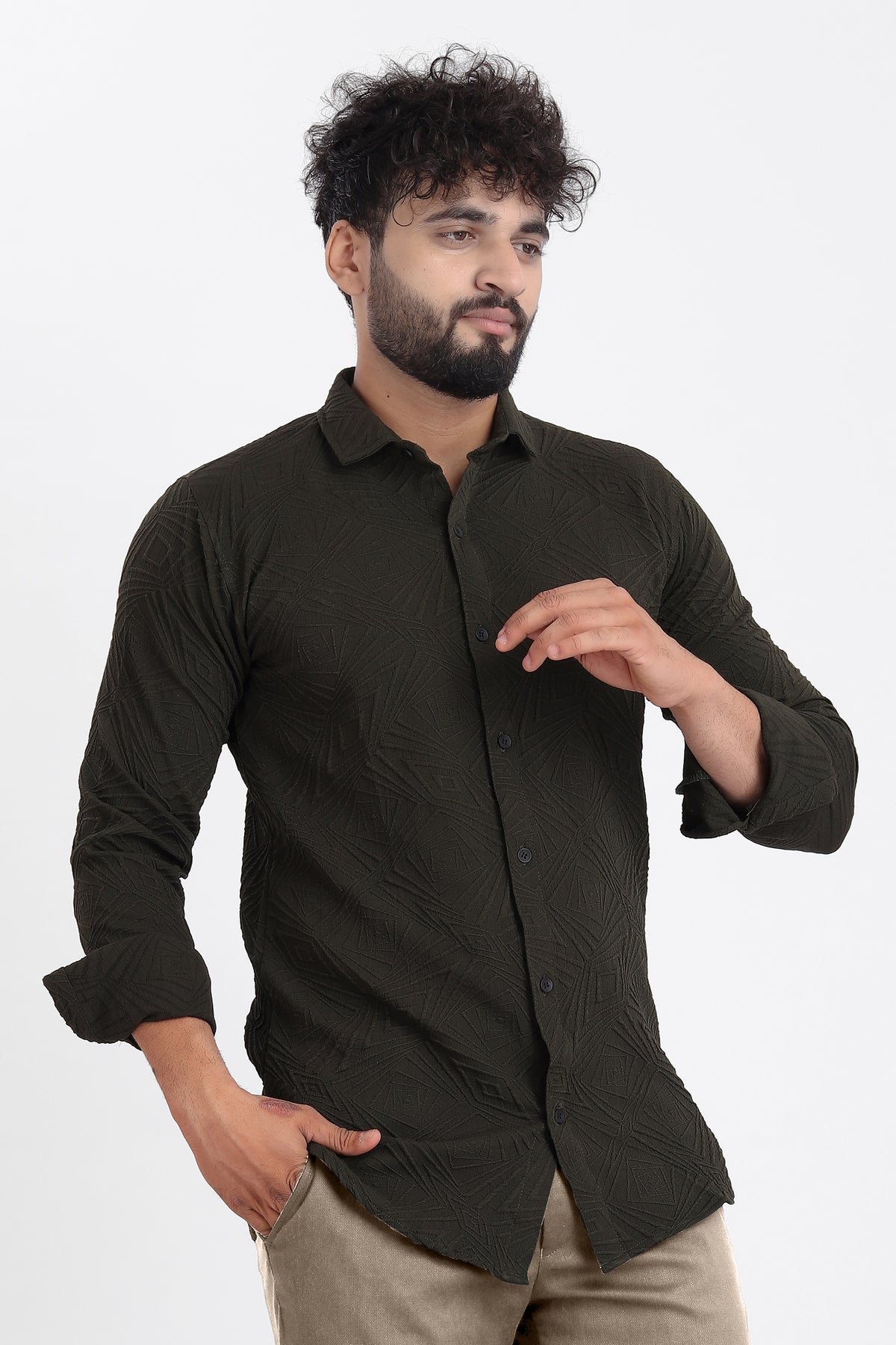 Ellipse Jacquard D-Green Shirt for Men | Modern Smart-Casual Button-Down Stretch Lycra Top