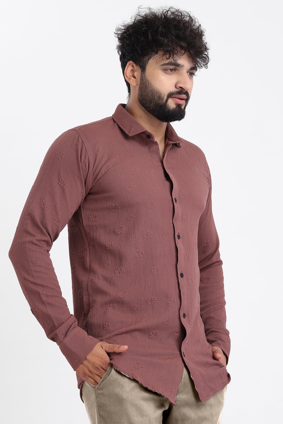 Lupine Jacquard Burgundy Shirt for Men | Modern Smart-Casual Button-Down Stretch Lycra Top