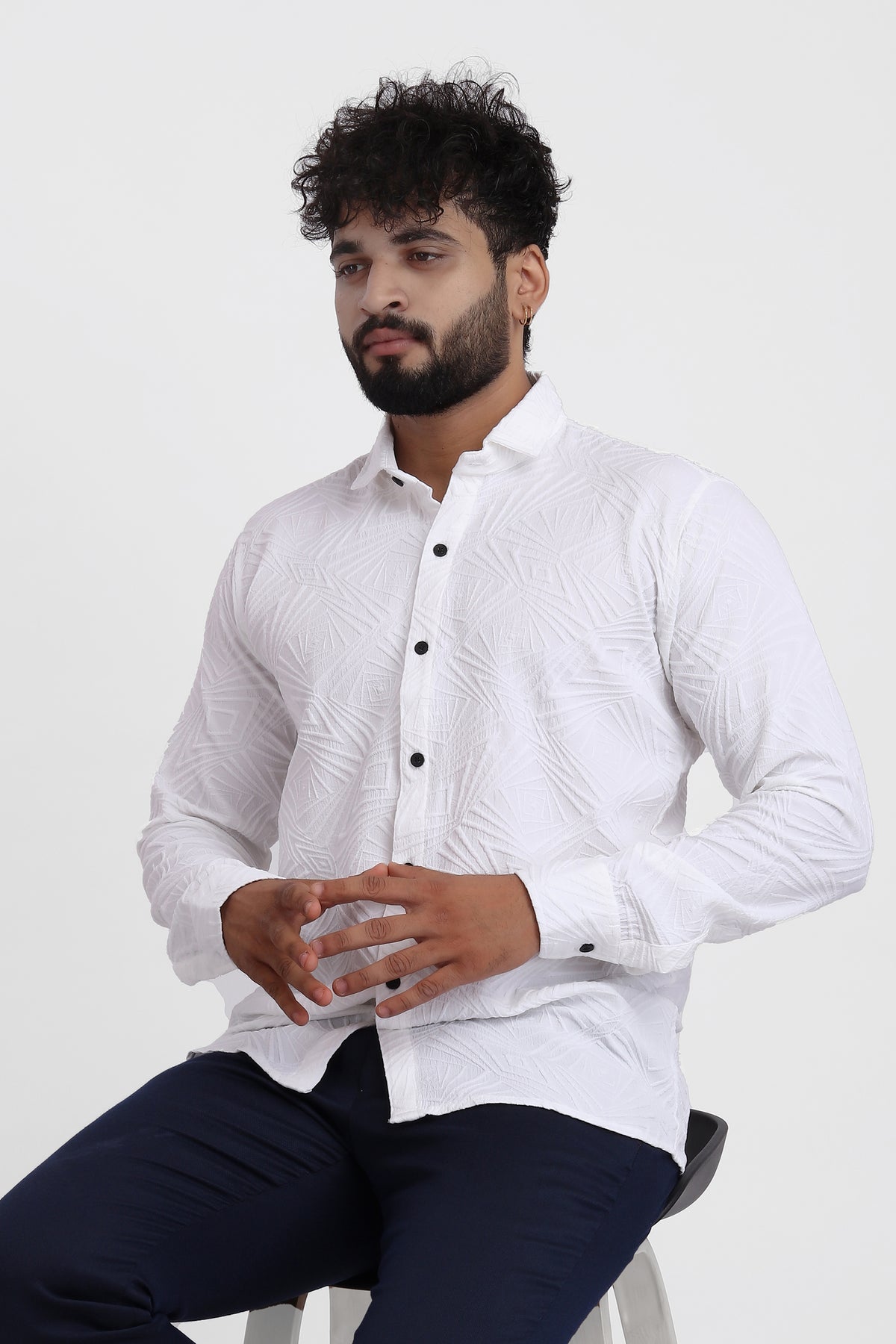 Ellipse Jacquard White Shirt for Men | Modern Smart-Casual Button-Down Stretch Lycra Top