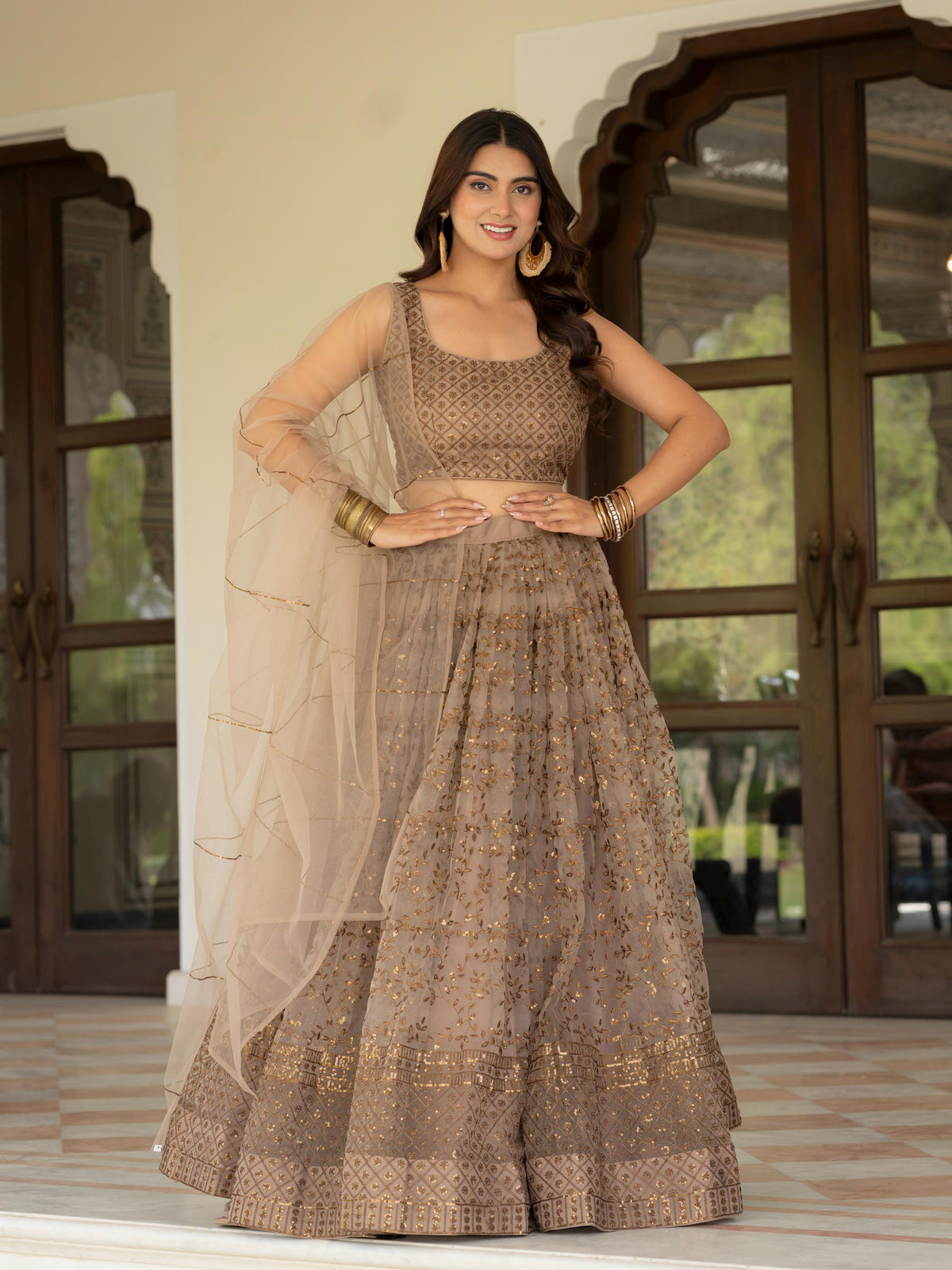 Muted Beige Net Lehenga Choli Set: Zari Sequence Embroidery Indian Wedding Outfit