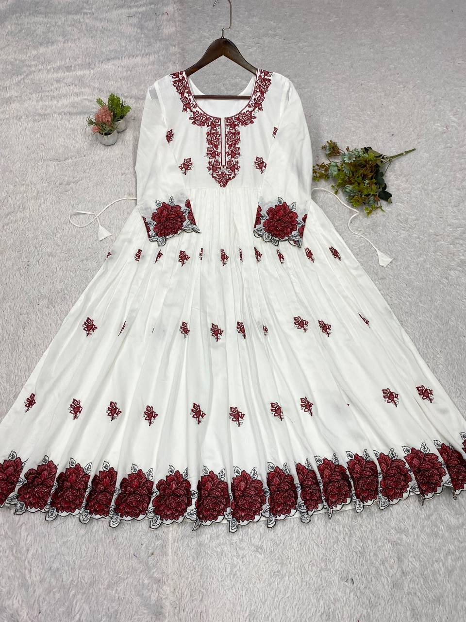 Women's White Rayon Embroidery Work Maxi Gown Set (50 Inch Length)