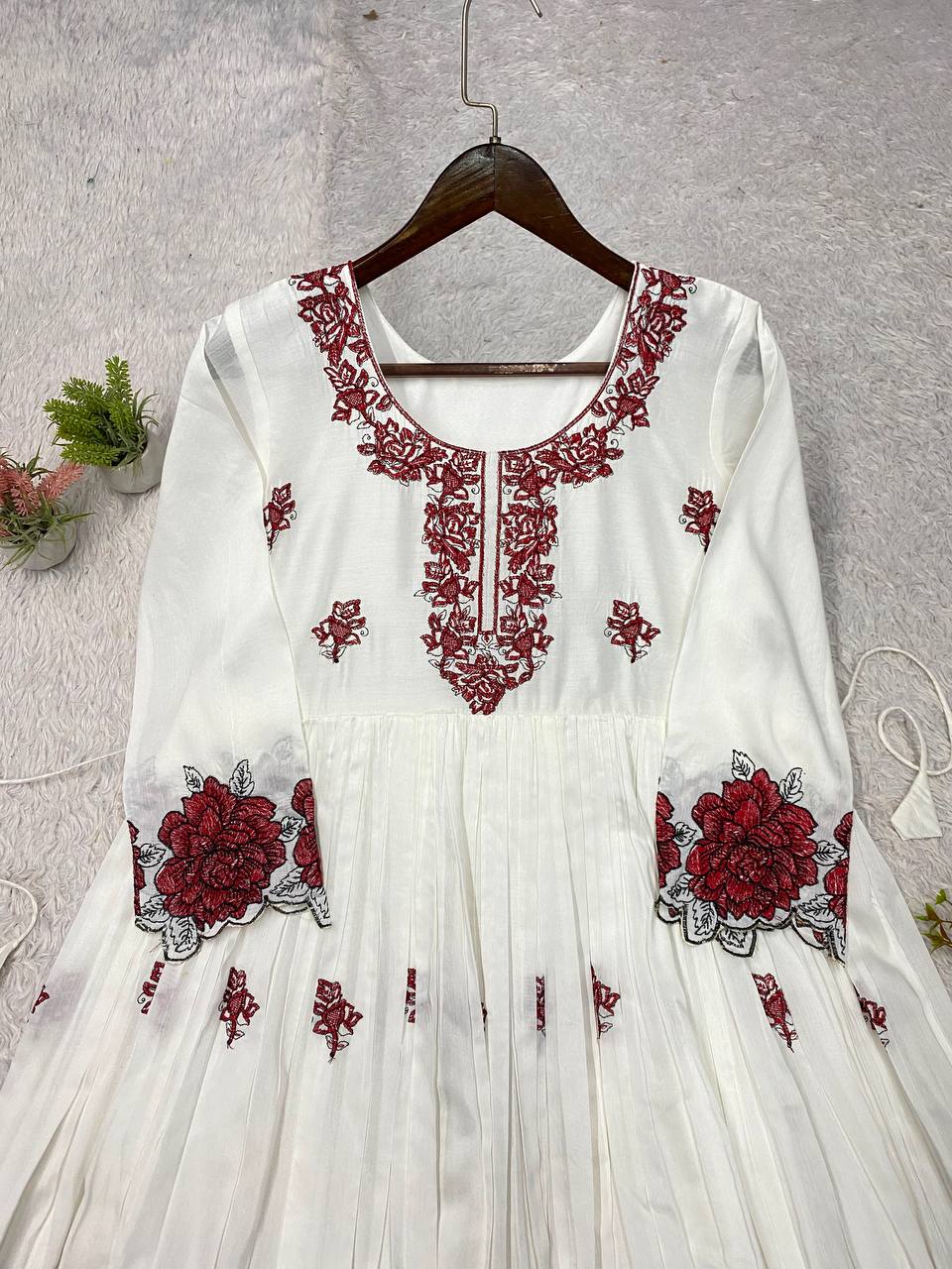 Women's White Rayon Embroidery Work Maxi Gown Set (50 Inch Length)