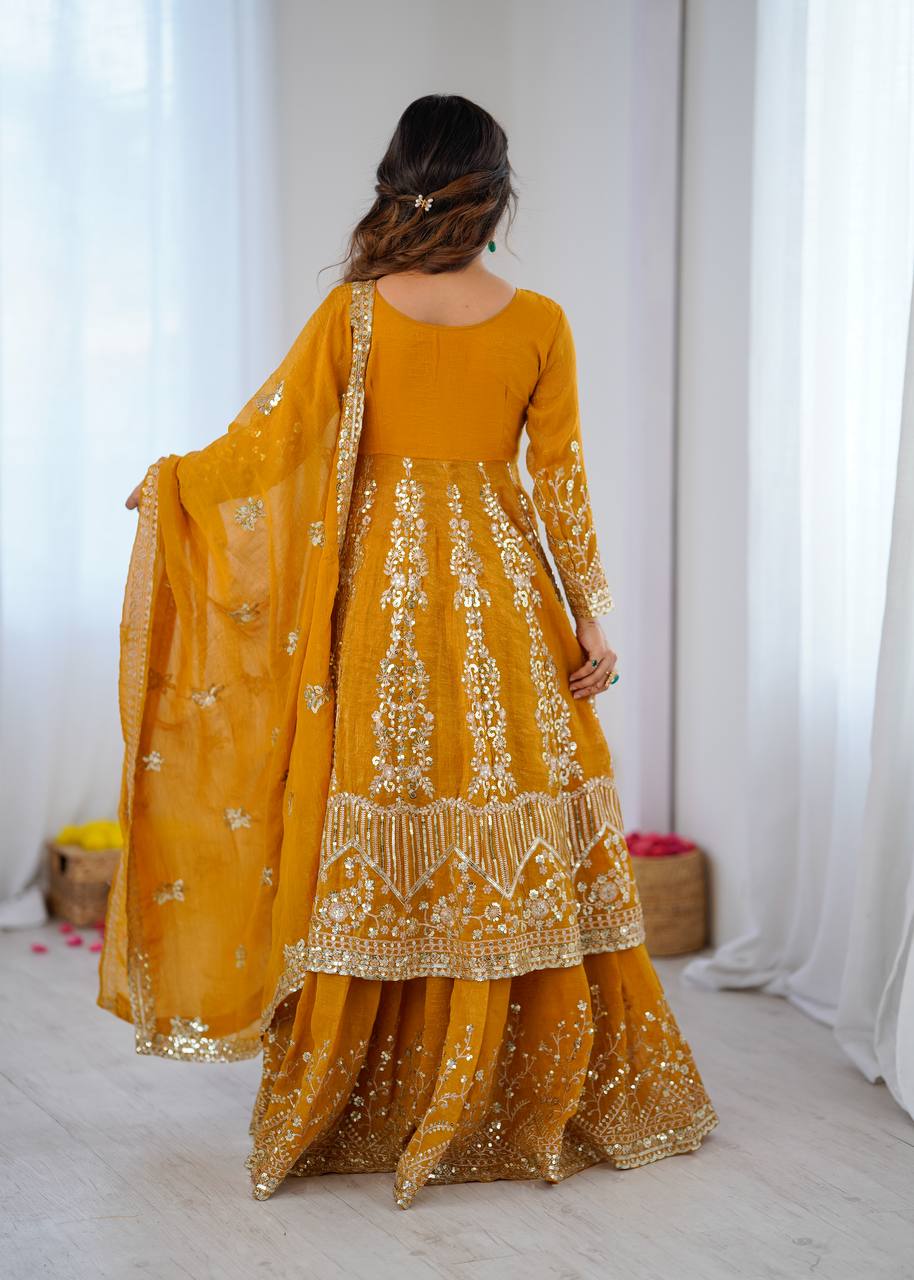 Women's Mustard Yellow Crunchy Silk Heavy Embroidery Sequence 3-Piece Gown & Lehenga Set