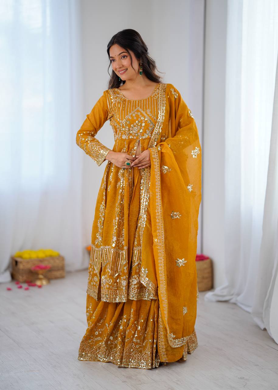 Women's Mustard Yellow Crunchy Silk Heavy Embroidery Sequence 3-Piece Gown & Lehenga Set