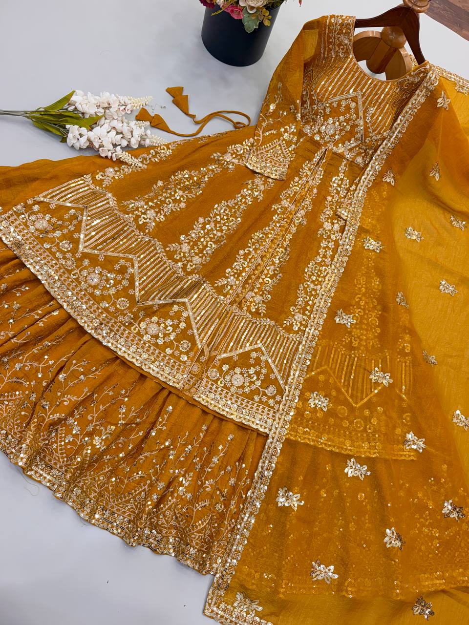 Women's Mustard Yellow Crunchy Silk Heavy Embroidery Sequence 3-Piece Gown & Lehenga Set