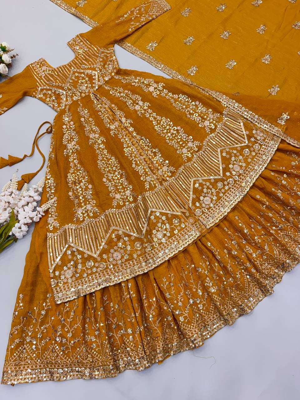 Women's Mustard Yellow Crunchy Silk Heavy Embroidery Sequence 3-Piece Gown & Lehenga Set