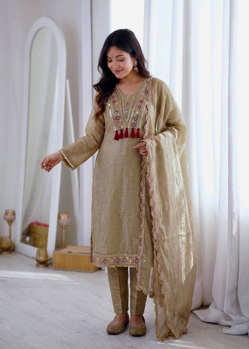 Women's Beige Salsa Silk Embroidery & Sequence Work 3-Piece Festive Suit Set