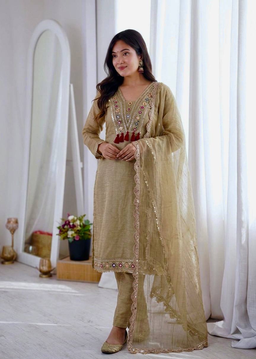Women's Beige Salsa Silk Embroidery & Sequence Work 3-Piece Festive Suit Set