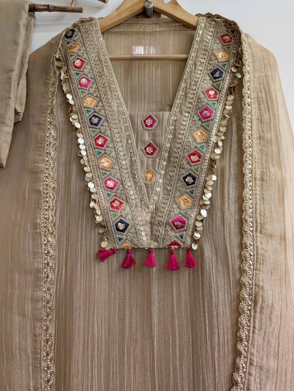 Women's Beige Salsa Silk Embroidery & Sequence Work 3-Piece Festive Suit Set