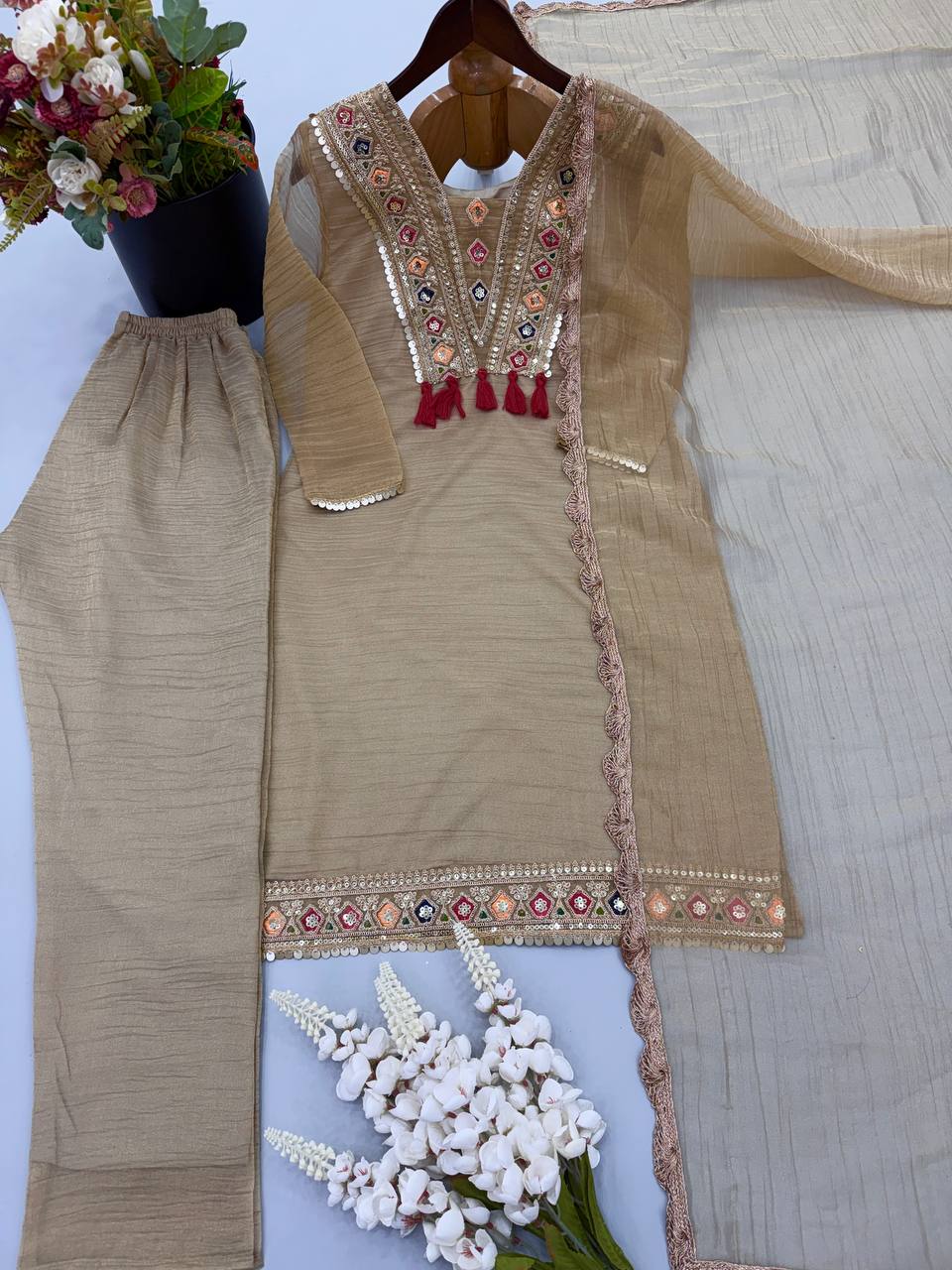 Women's Beige Salsa Silk Embroidery & Sequence Work 3-Piece Festive Suit Set