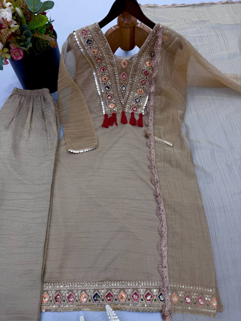 Women's Beige Salsa Silk Embroidery & Sequence Work 3-Piece Festive Suit Set