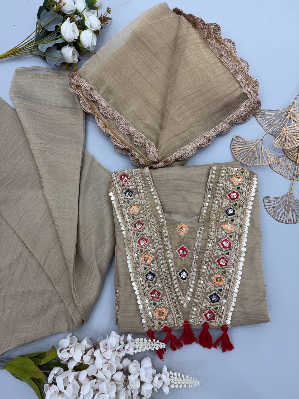 Women's Beige Salsa Silk Embroidery & Sequence Work 3-Piece Festive Suit Set