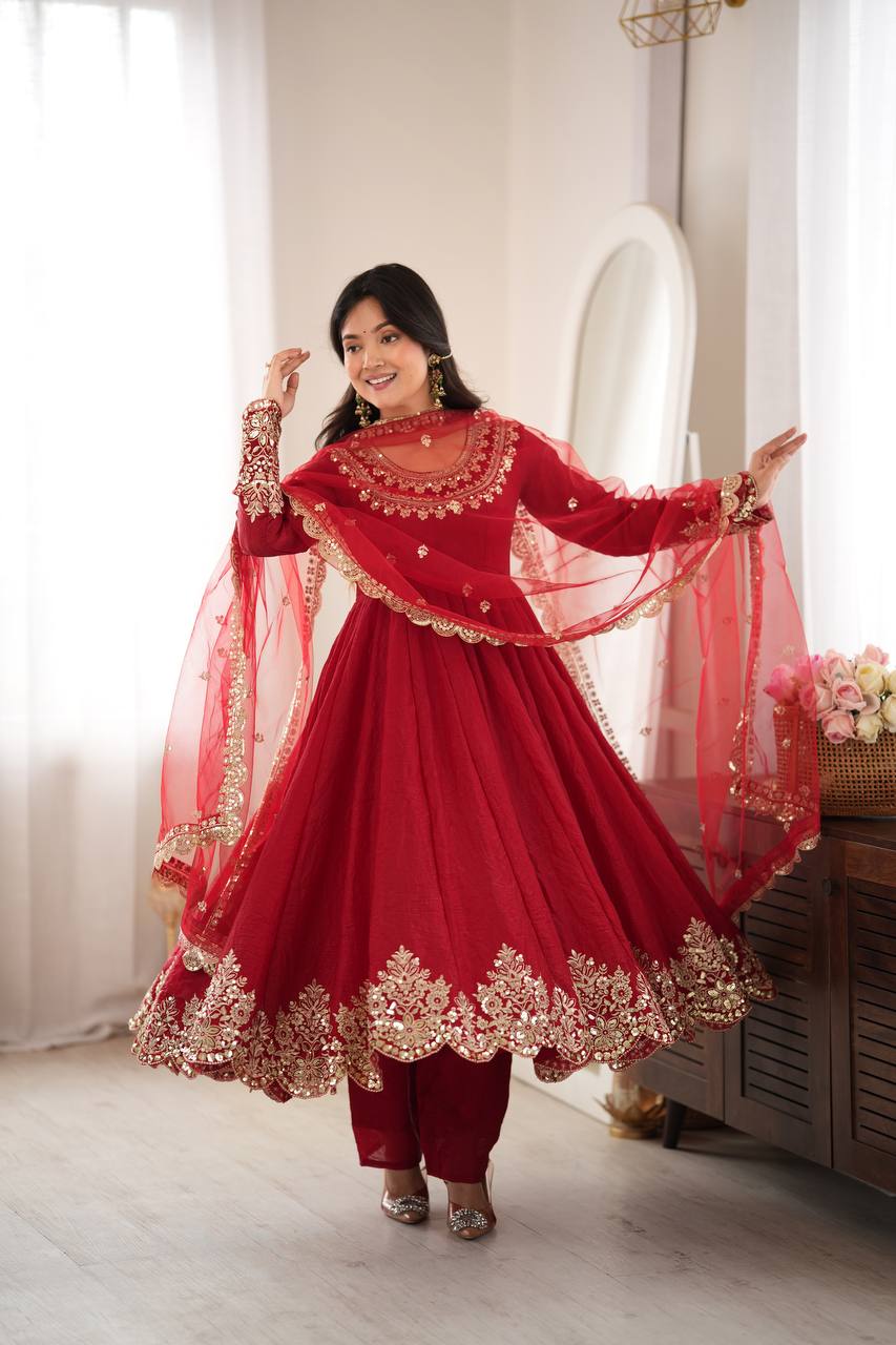 Designer Red Flared Doremon Crush Embroidery Sequence Top, Pant & Dupatta Set