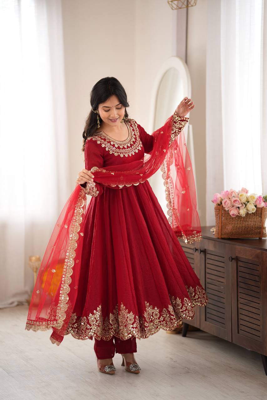 Designer Red Flared Doremon Crush Embroidery Sequence Top, Pant & Dupatta Set