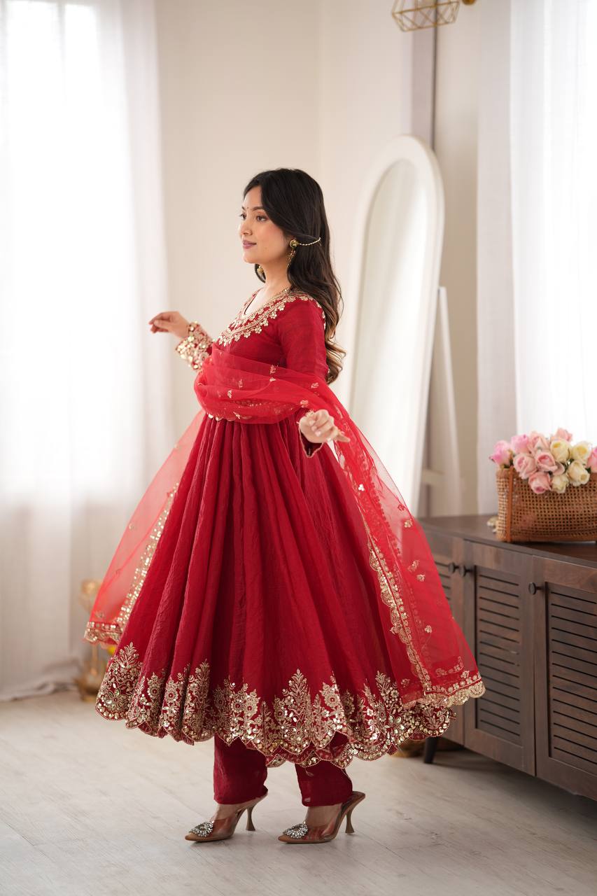 Designer Red Flared Doremon Crush Embroidery Sequence Top, Pant & Dupatta Set