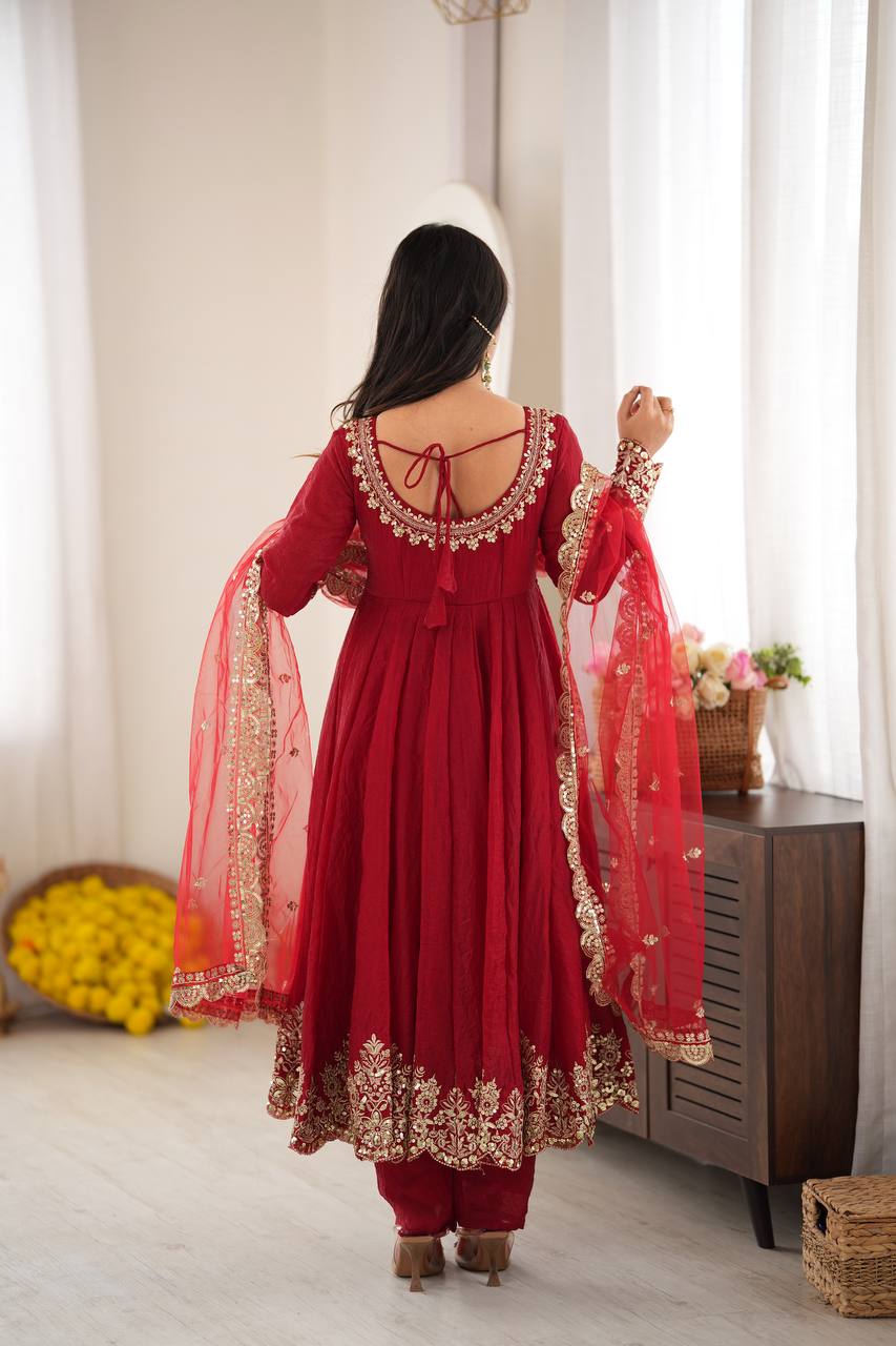 Designer Red Flared Doremon Crush Embroidery Sequence Top, Pant & Dupatta Set