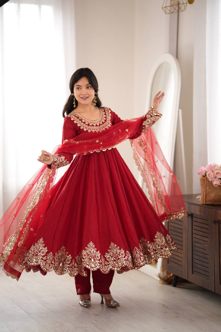 Designer Red Flared Doremon Crush Embroidery Sequence Top, Pant & Dupatta Set