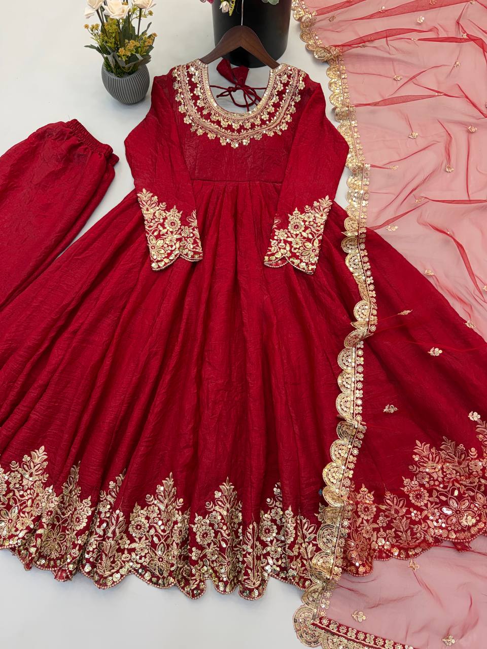 Designer Red Flared Doremon Crush Embroidery Sequence Top, Pant & Dupatta Set