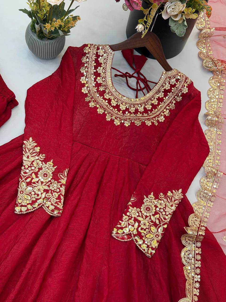 Designer Red Flared Doremon Crush Embroidery Sequence Top, Pant & Dupatta Set