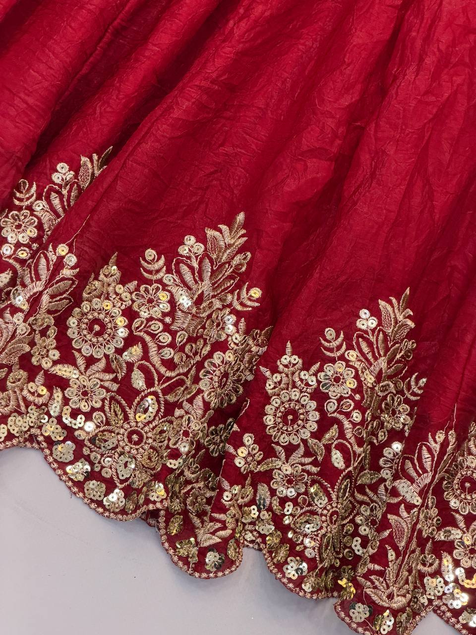 Designer Red Flared Doremon Crush Embroidery Sequence Top, Pant & Dupatta Set
