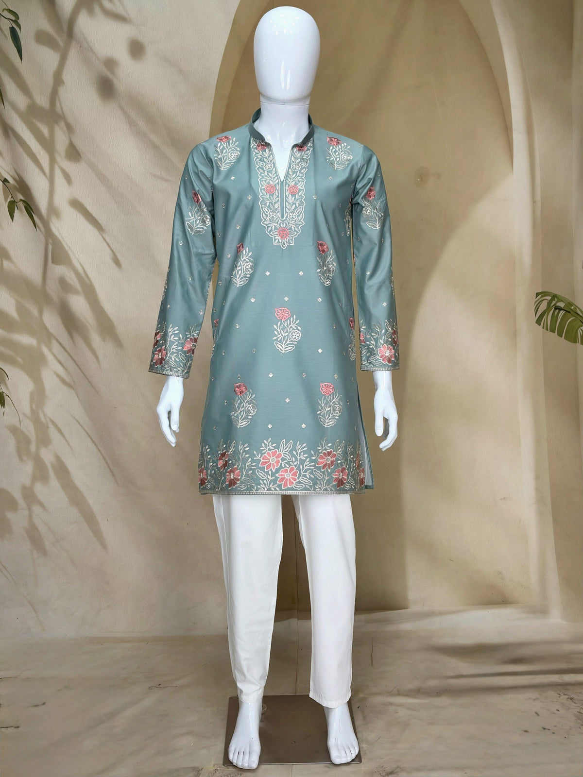 Sage Green Coach Silk Multi-Sequence & Zari Embroidered Men's Kurta Pant Set