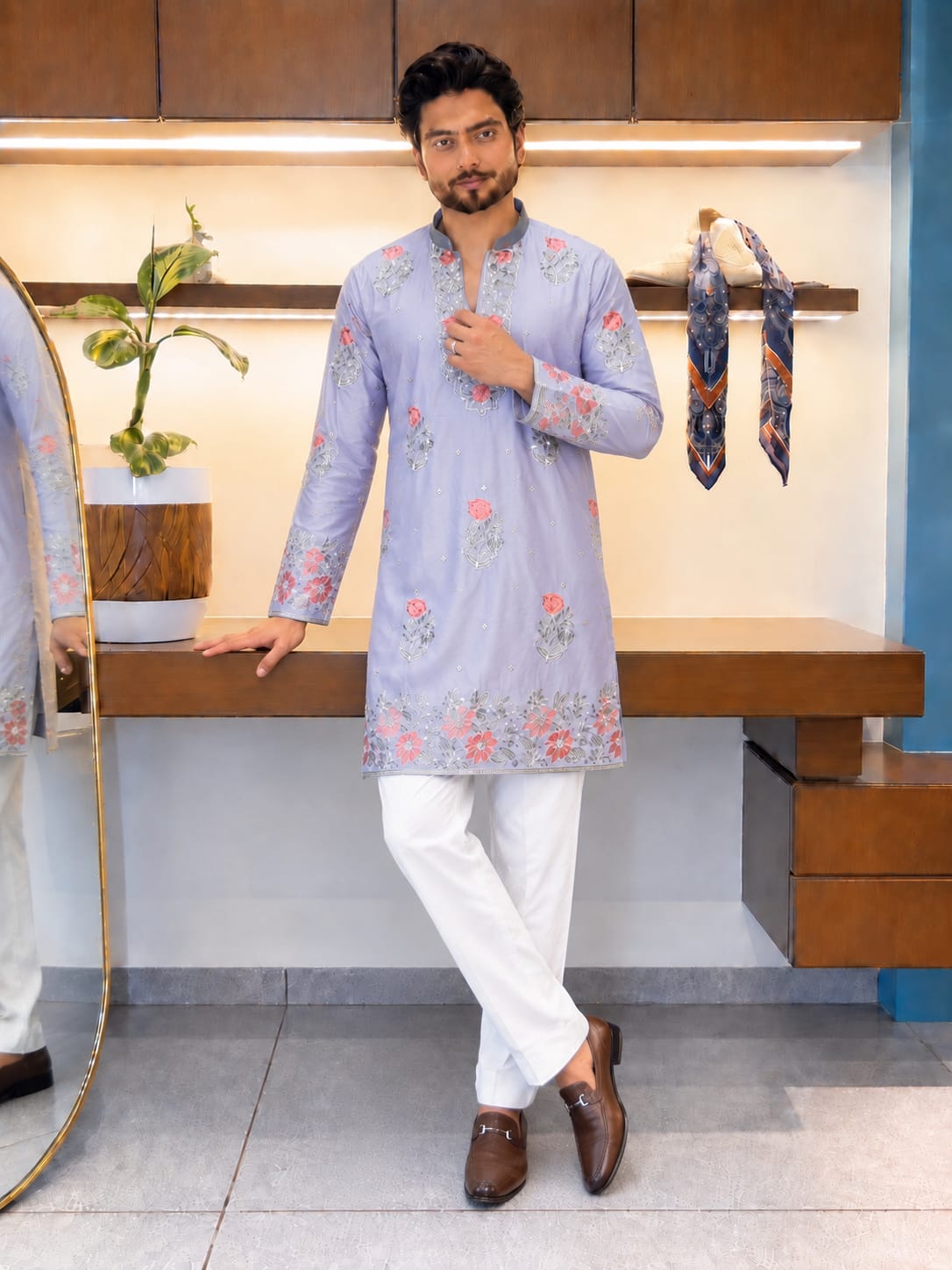 Light Lavender / Ice Blue Coach Silk Multi-Sequence Embroidered Men's Kurta Set