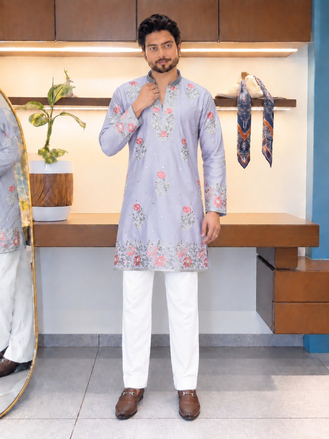 Light Lavender / Ice Blue Coach Silk Multi-Sequence Embroidered Men's Kurta Set