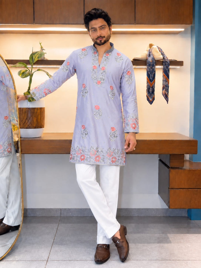 Light Lavender / Ice Blue Coach Silk Multi-Sequence Embroidered Men's Kurta Set