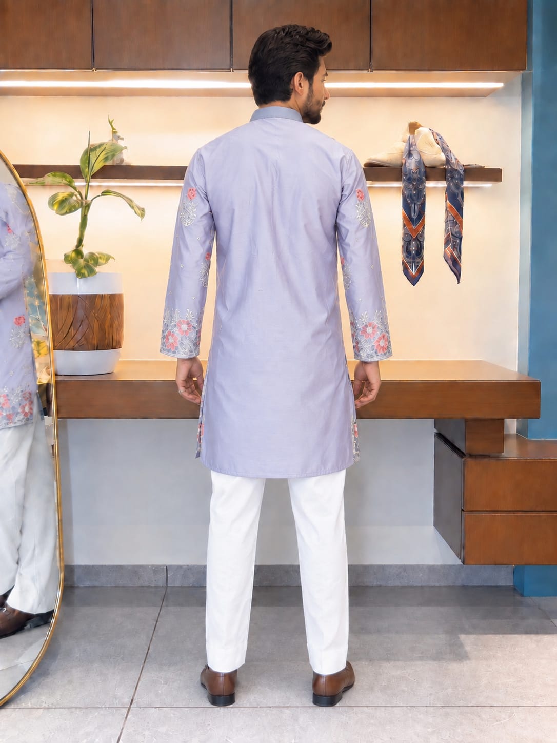 Light Lavender / Ice Blue Coach Silk Multi-Sequence Embroidered Men's Kurta Set