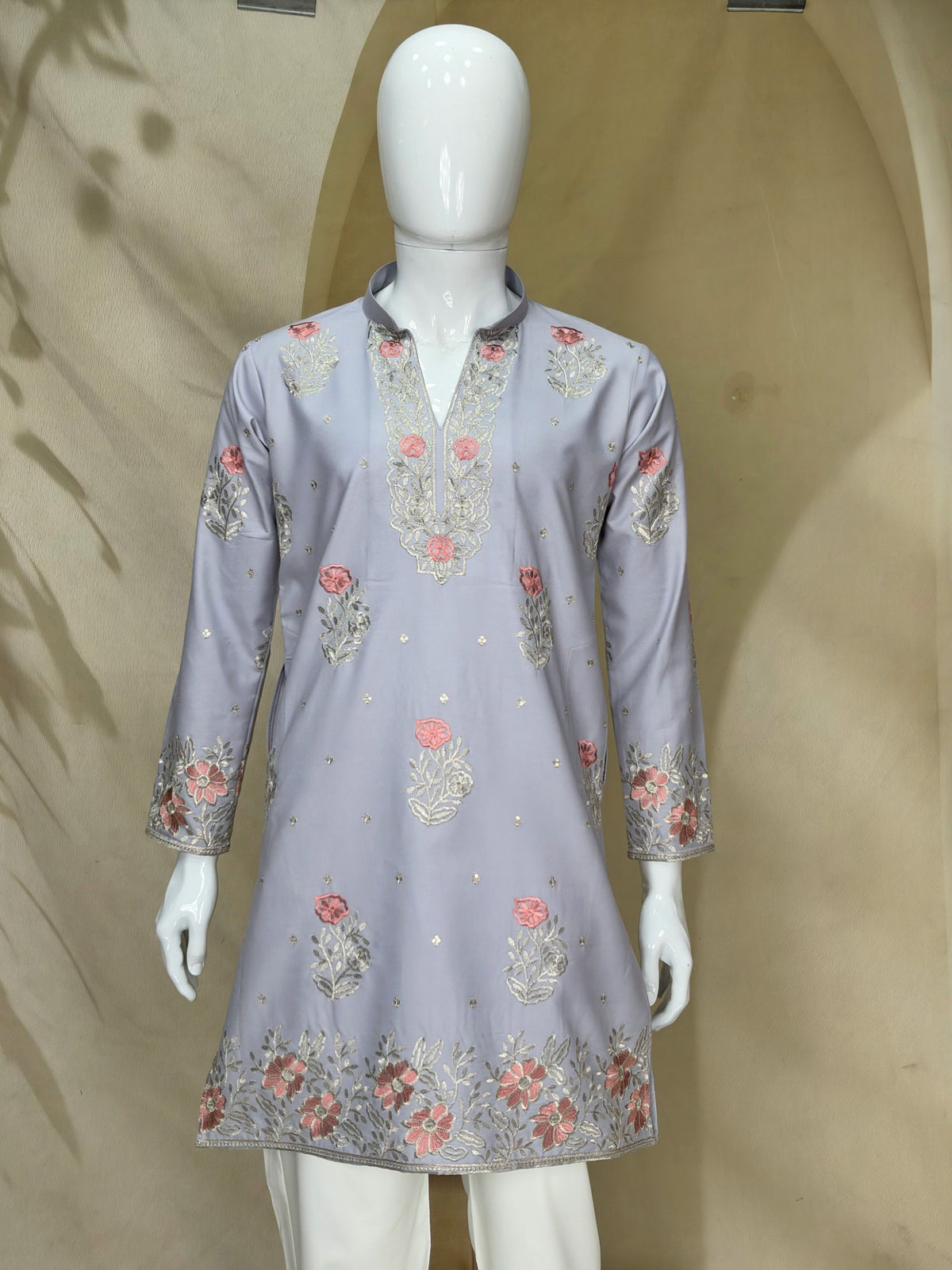Light Lavender / Ice Blue Coach Silk Multi-Sequence Embroidered Men's Kurta Set