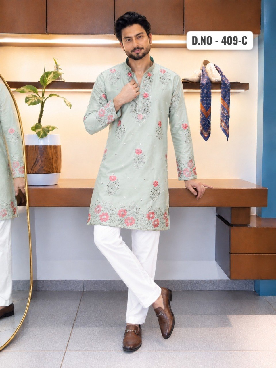 Pista Green Coach Silk Multi-Sequence & Zari Embroidered Men's Kurta Set