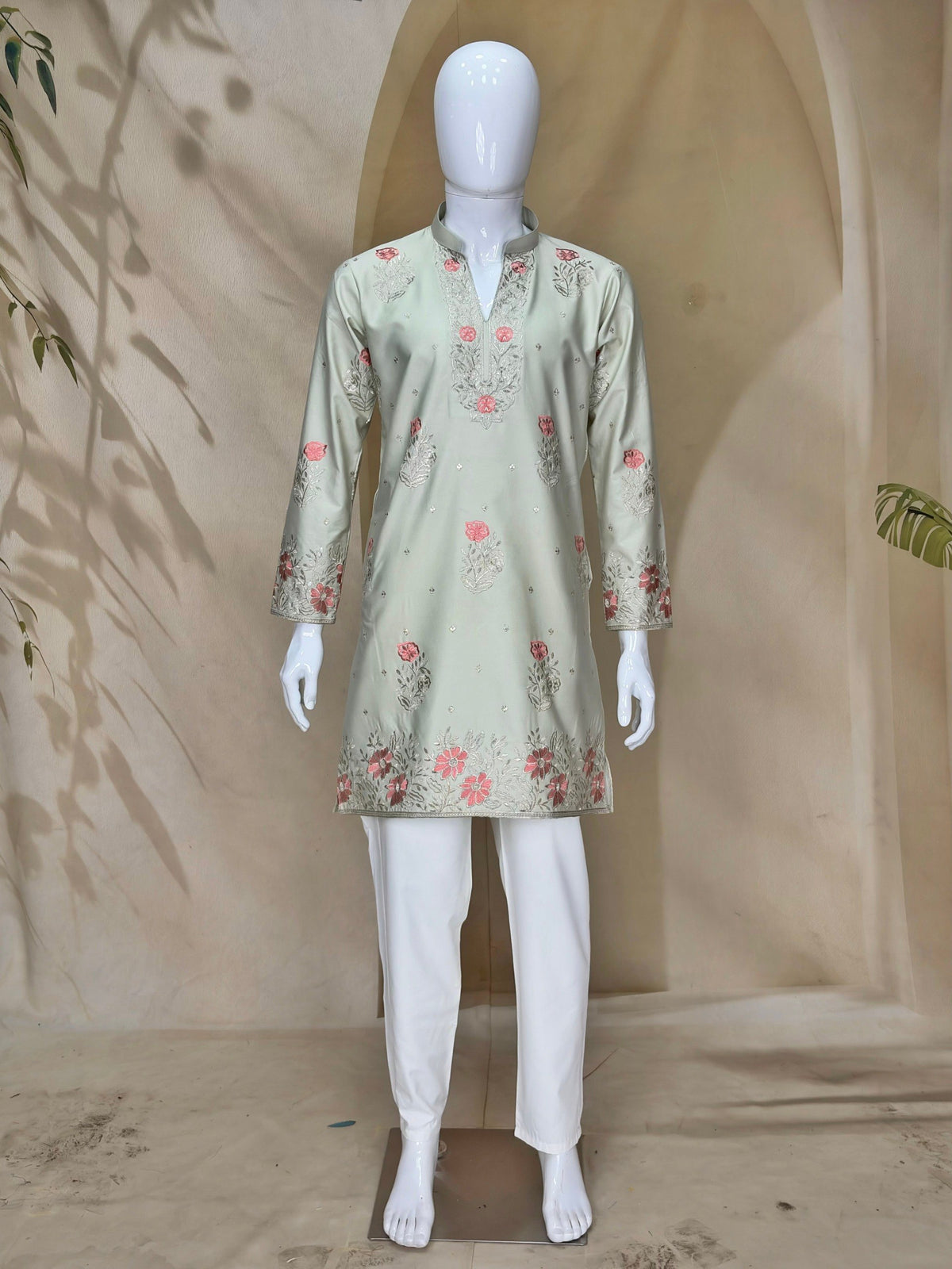 Pista Green Coach Silk Multi-Sequence & Zari Embroidered Men's Kurta Set