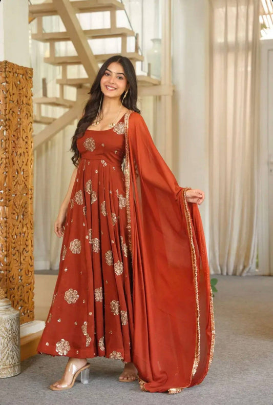Step Into Elegance: Fully Stitched Doremon Crush Designer Orange Gown Set