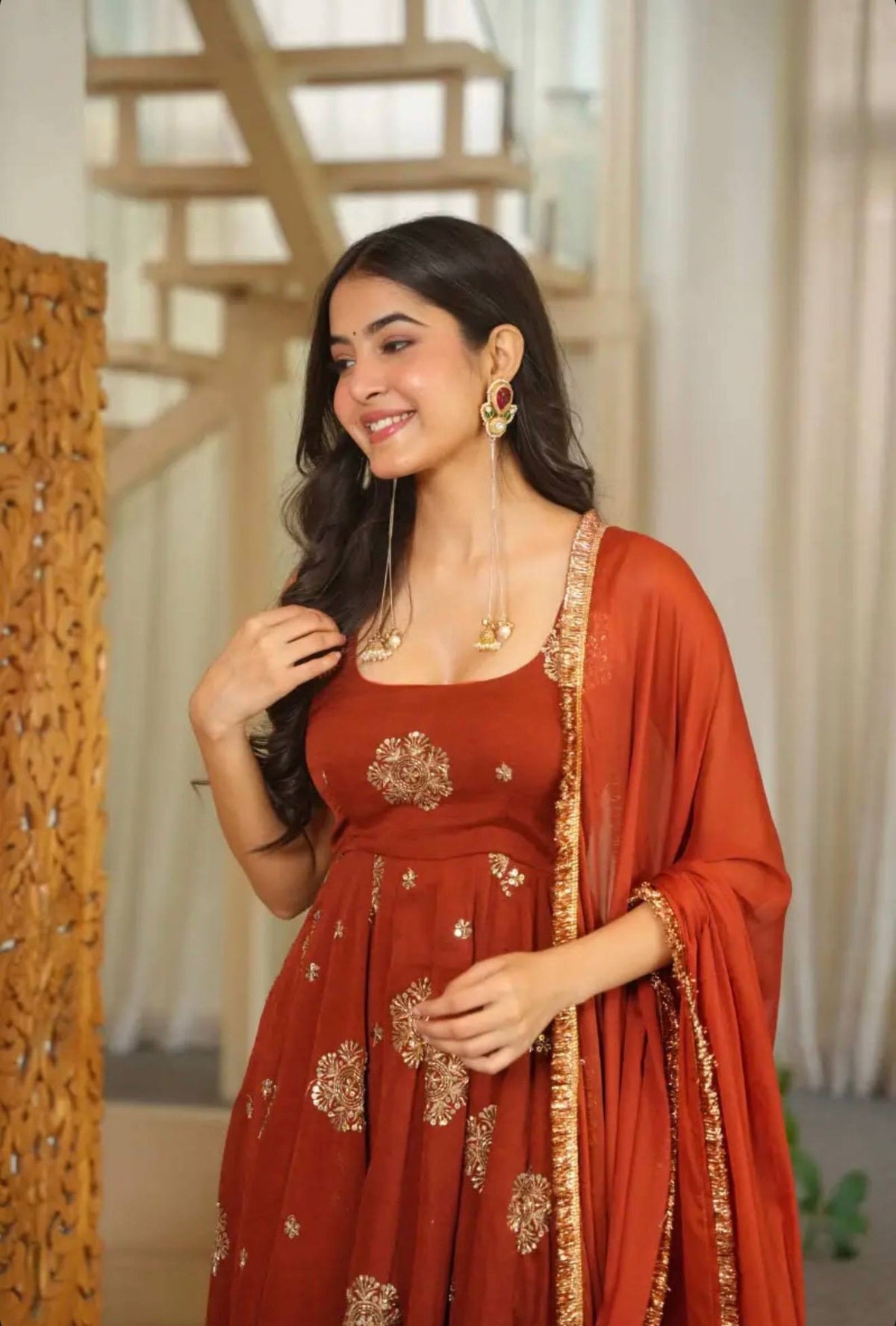 Step Into Elegance: Fully Stitched Doremon Crush Designer Orange Gown Set