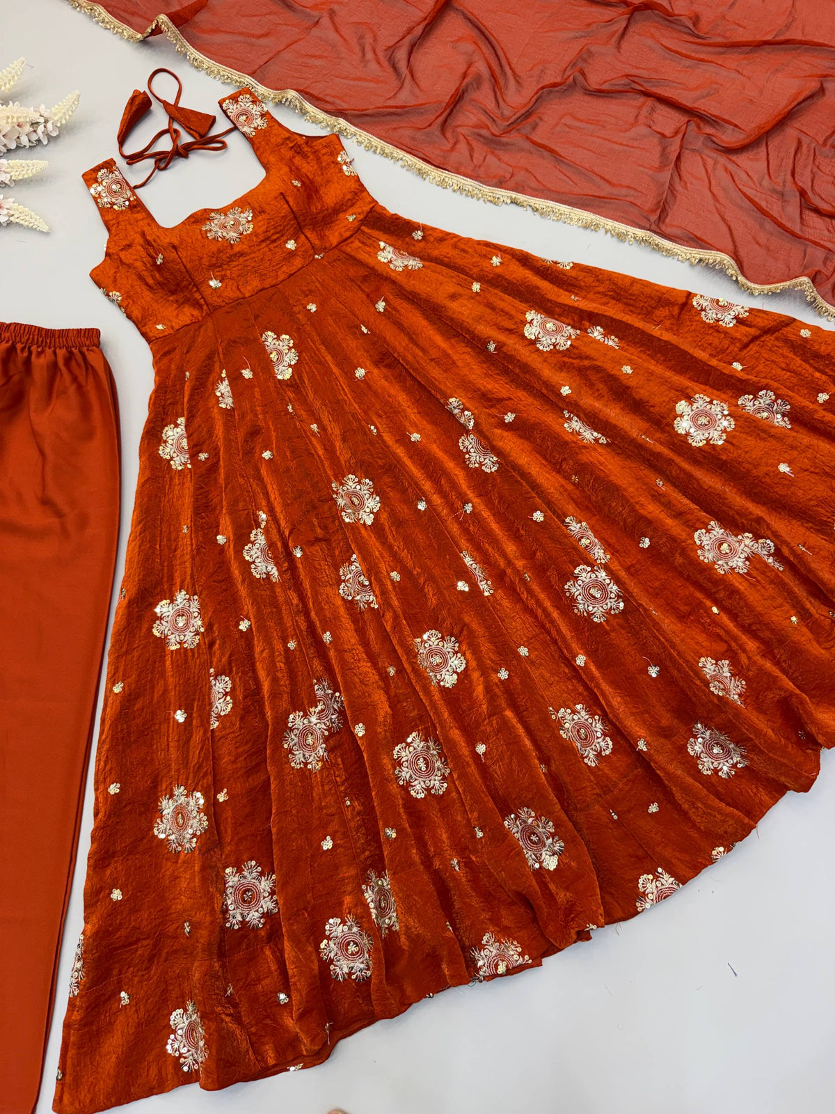 Step Into Elegance: Fully Stitched Doremon Crush Designer Orange Gown Set