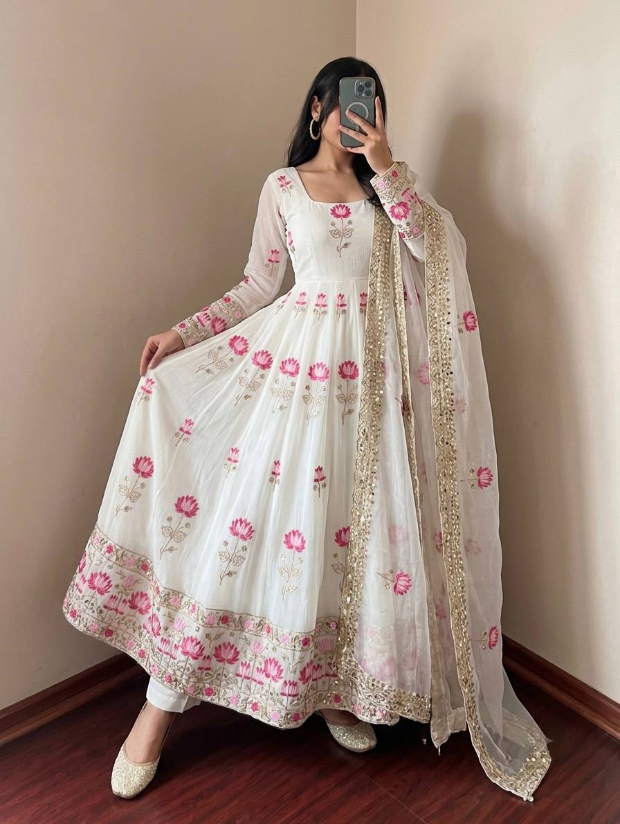 Women's White Fendy Silk Flared Gown Set with Heavy Sequence Embroidery Dupatta
