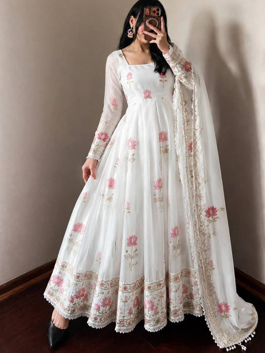 Women's White Fendy Silk Flared Gown Set with Heavy Sequence Embroidery Dupatta