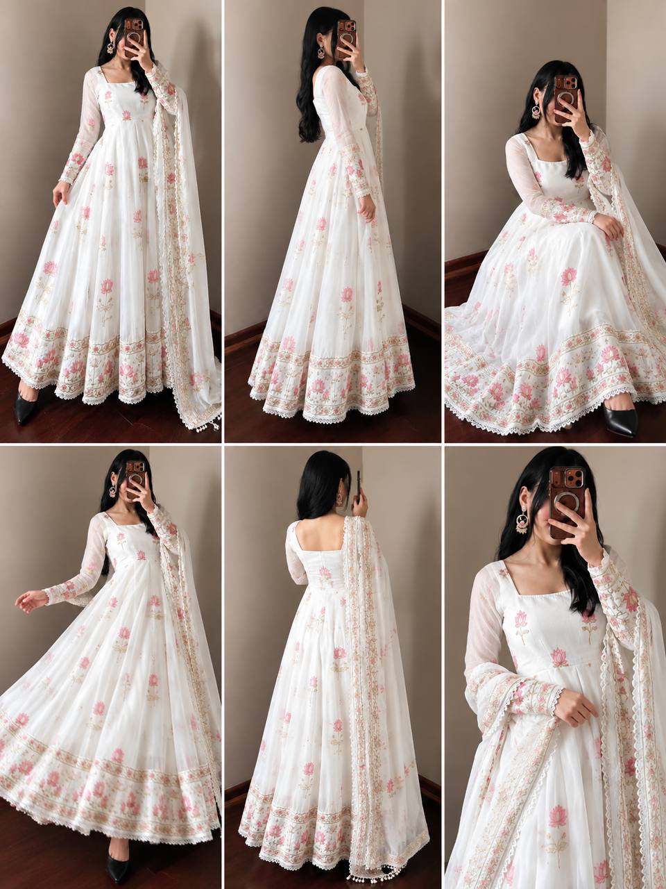 Women's White Fendy Silk Flared Gown Set with Heavy Sequence Embroidery Dupatta