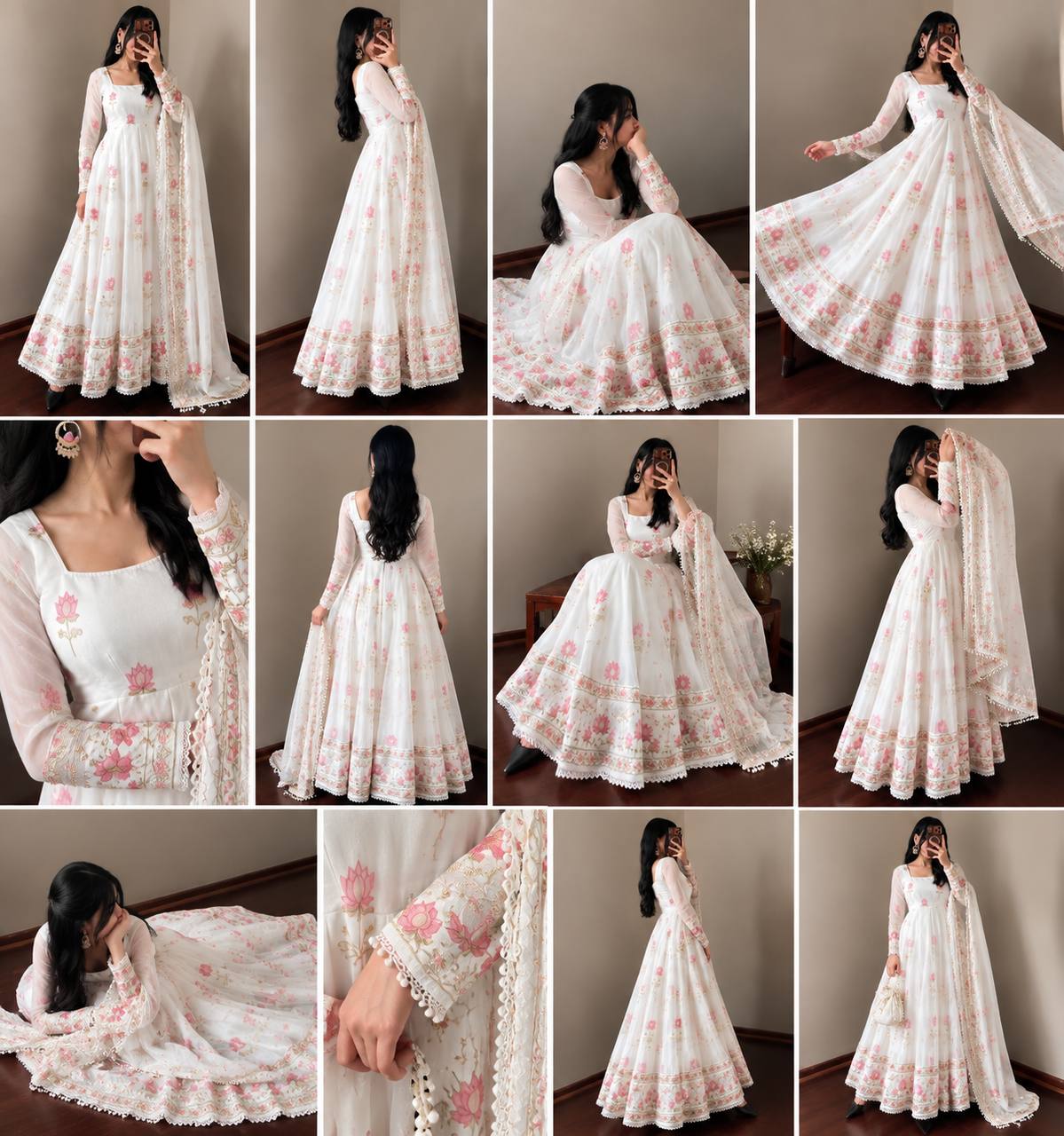 Women's White Fendy Silk Flared Gown Set with Heavy Sequence Embroidery Dupatta