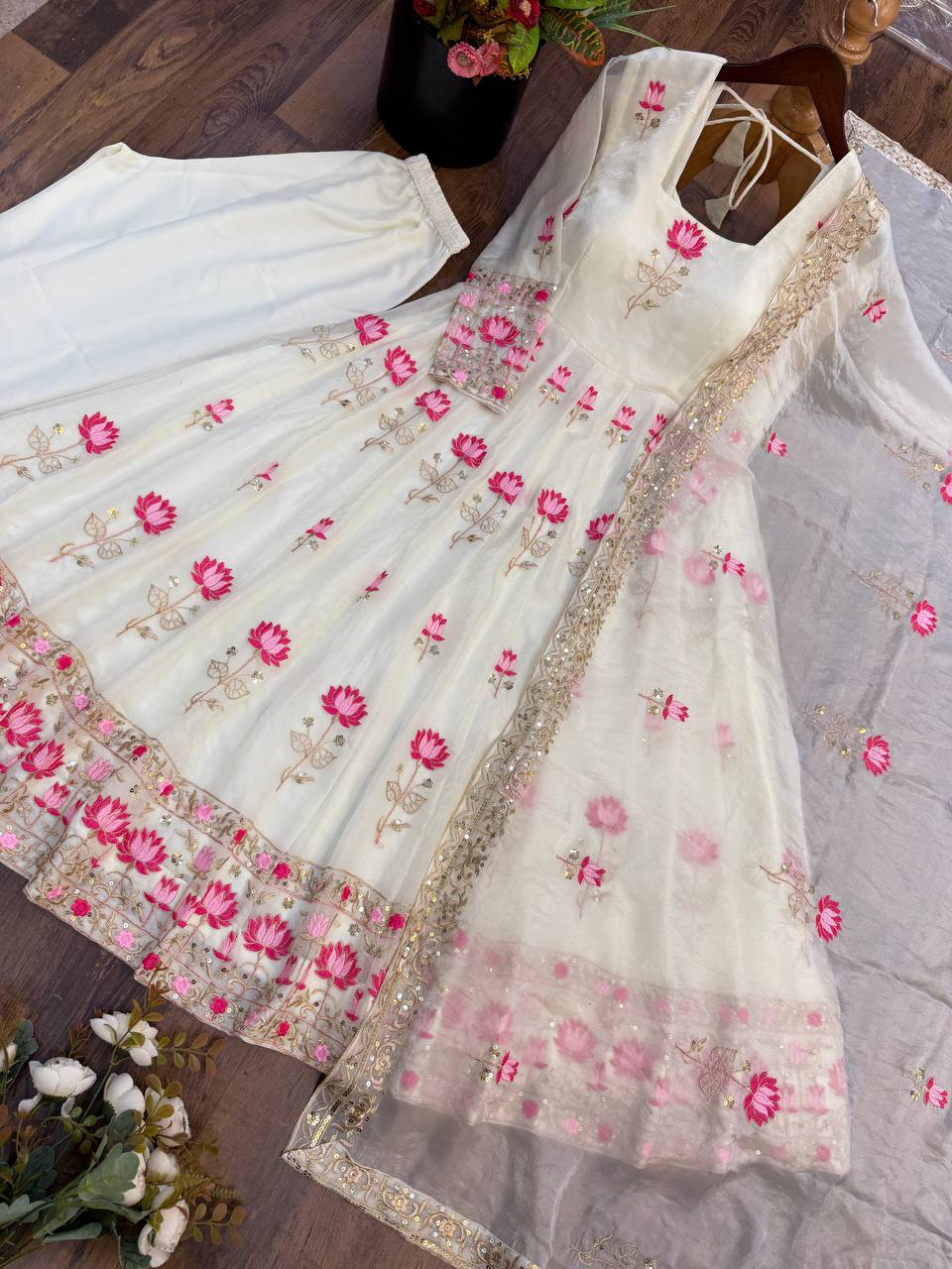 Women's White Fendy Silk Flared Gown Set with Heavy Sequence Embroidery Dupatta