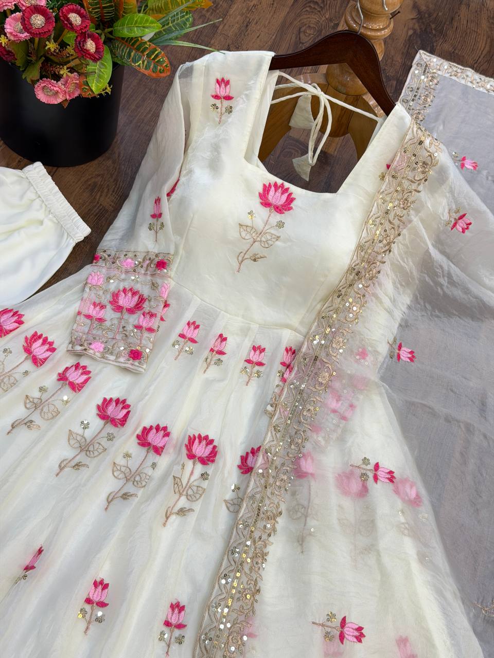 Women's White Fendy Silk Flared Gown Set with Heavy Sequence Embroidery Dupatta
